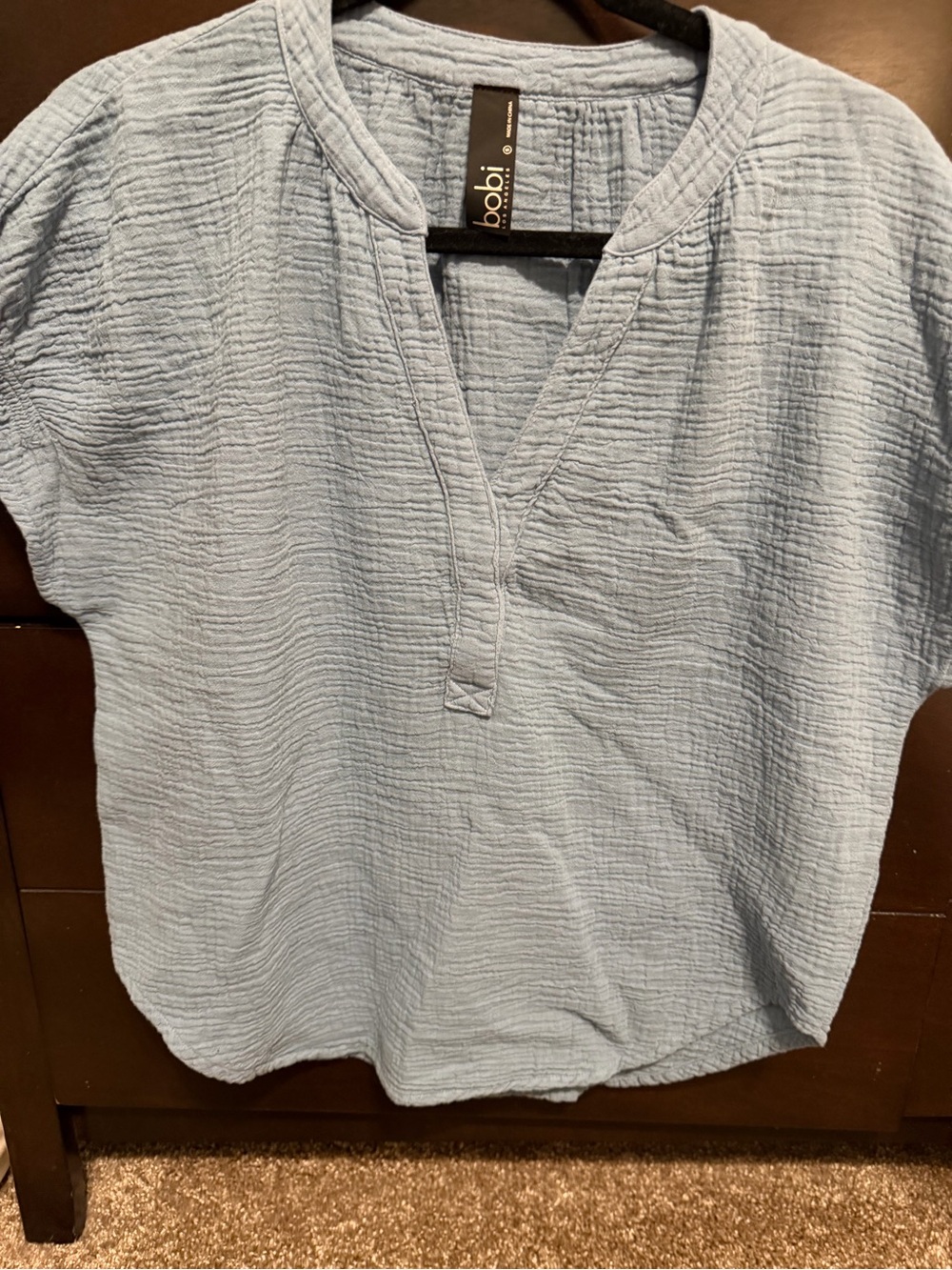 bobi Light Blue Gauze V-Neck Short Sleeve Top